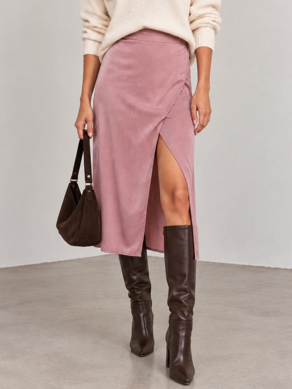 New Paige Satin Blush Pink Midi Skirt Wrap Side Slit High Waist Dressy Large